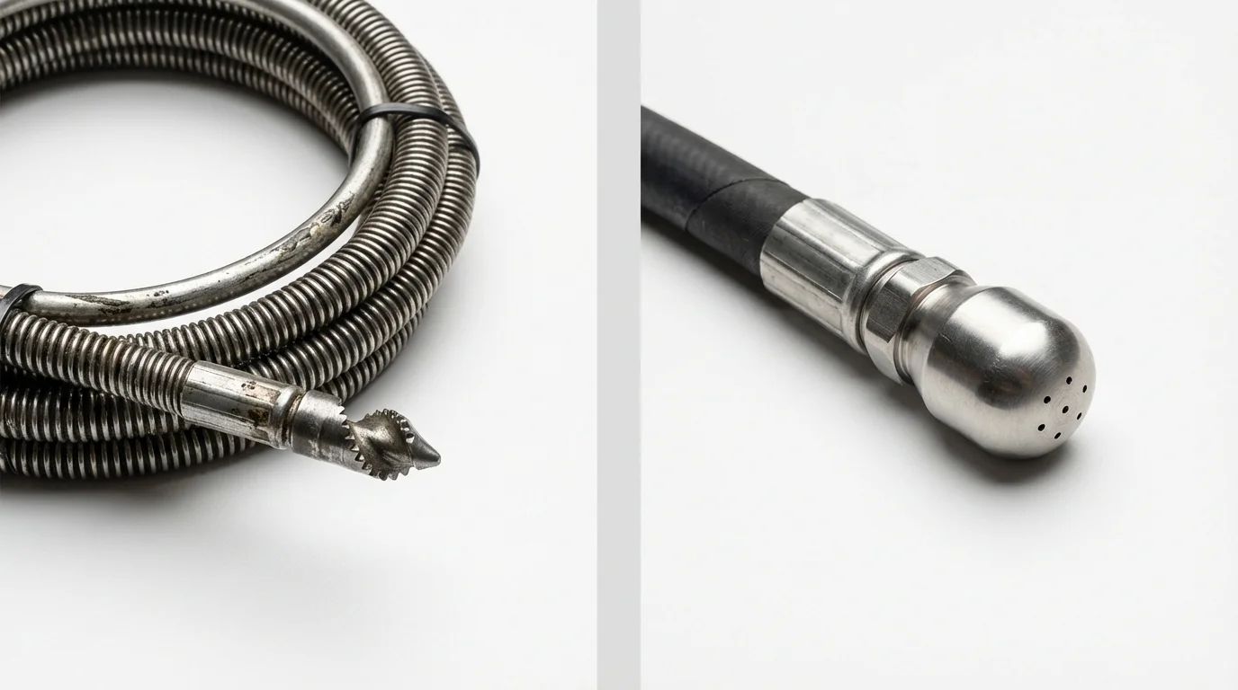 Drain snake cable and hydro jetting nozzle used for drain cleaning in Alamo, NV