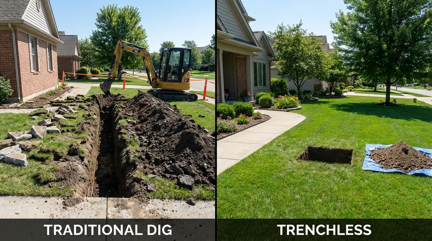 Trenchless sewer repair with minimal yard damage versus traditional excavation in Alamo, NV