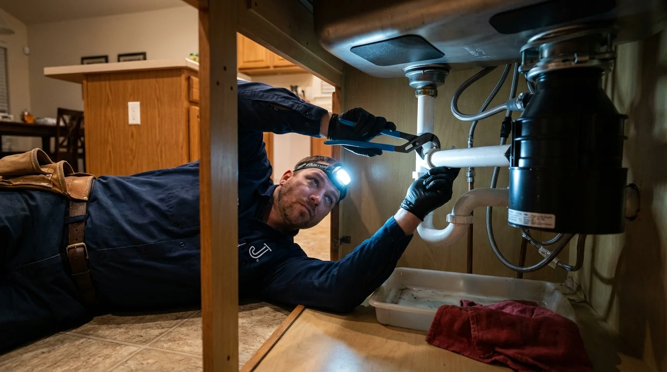 P-trap and supply line connections under a kitchen sink showing a common leak point in Alamo, NV